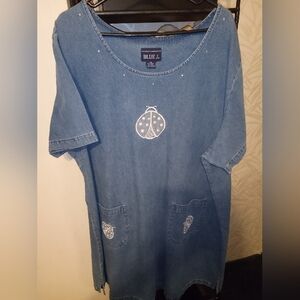 Vintage Blue J Denim Midi Length Slip On Dress with Ladybug Design 3XL